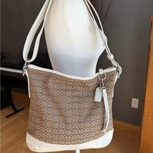 Coach Signature Canvas and Leather Shoulder Bag - Brown and White